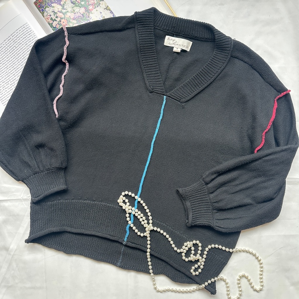 Vintage Havana Black V-Neck Sweater with Colorful Trim
